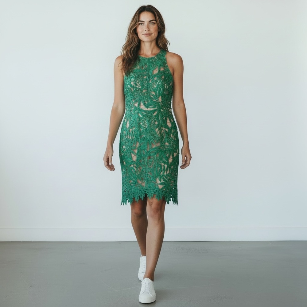 Adelyn Rae Green Lace Overlay Dress Nude Lining Sleeveless High Neck S